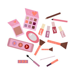 Set of various cosmetics.Eye shadow, mascara, lipstick, nail polish, eyeliner, mirror, powder brushes and face powder. Make up care concept.