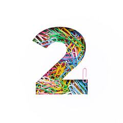 Number two of colorful rainbow paperclips, white cut paper sheet. Second numeral. Typeface. Office supplies, paperwork