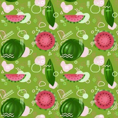 seamless pattern with watermelon on green background and geometric shapes , memphis style