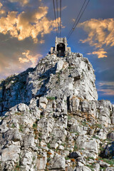 Table Mountain zoom view of top cable way station at sunset - Great outdoors adventure and travel holiday destination, Cape Town, South Africa