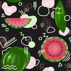 seamless pattern with watermelon on black background and geometric shapes , memphis style