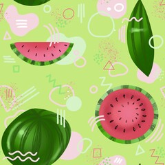 seamless pattern with watermelon on green background and geometric shapes , memphis style