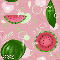 seamless pattern with watermelon on pink background and geometric shapes , memphis style