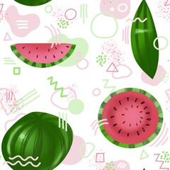 seamless pattern with watermelon on white background and geometric shapes , memphis style