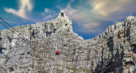 Table Mountain cable cars with a view towards the top cable way station - Great outdoors adventure and travel holiday destination, Cape Town, South Africa
