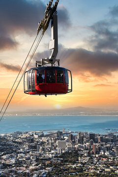Table Mountain cable car looking over Cape Town city bowl and the Atlantic Ocean - Great outdoors adventure and travel holiday destination, Cape Town, South Africa