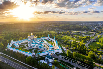 Aerial drone sunset view of the Resurrection Cathedral of the New Jerusalem Monastery in summer....