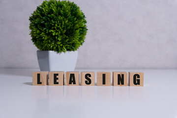 Money bag and blocks with the word Leasing. A lease is a contractual arrangement calling for the lessee to pay the lessor for use of an asset. Property, vehicles are common assets that are leased - obrazy, fototapety, plakaty