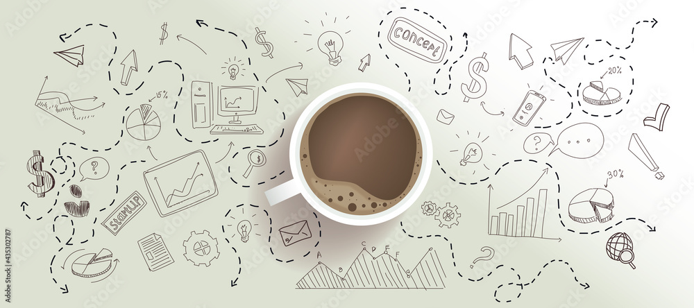 Poster start up and new business cocnept with top view on coffee cup at light surface background with handw