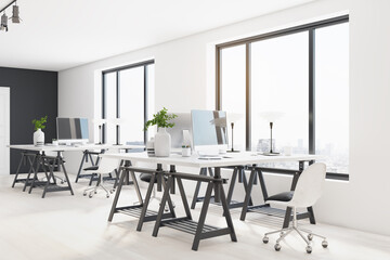 Sunny open space office with city view from big window, white and black wooden tables with white vases