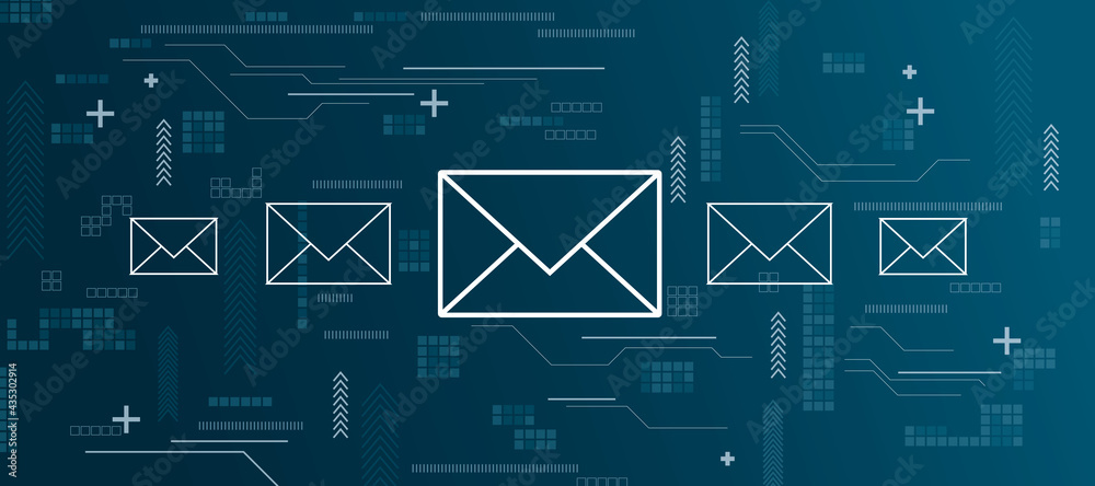 Poster white envelopes on abstract dark blue background with different symbols