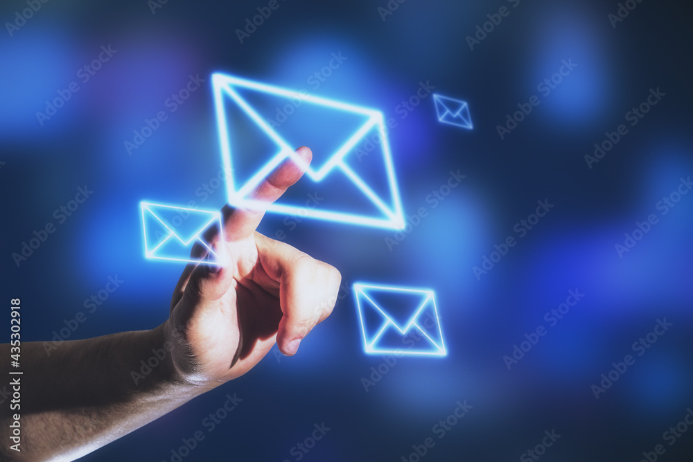 Poster Mailing concept with man hand touching digital screen with envelope symbol.