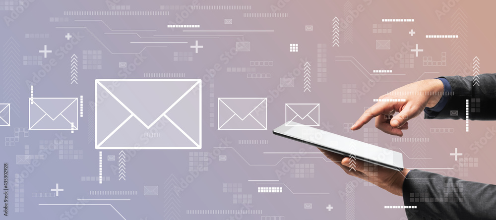 Poster mailing concept with digital tablet in man hands on abstract bacground with white envelopes.