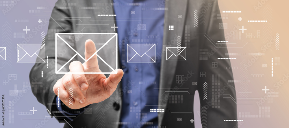 Poster Communication concept with man touching digital screen with envelope signs.