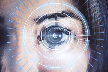 Eye closeup with hologram circles around. Security technology and authentication concept