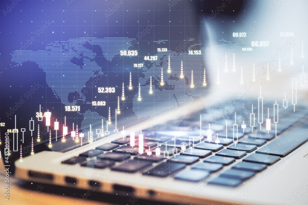 Poster global investing market concept with digital forex chart graphs and worl map on laptop background. d