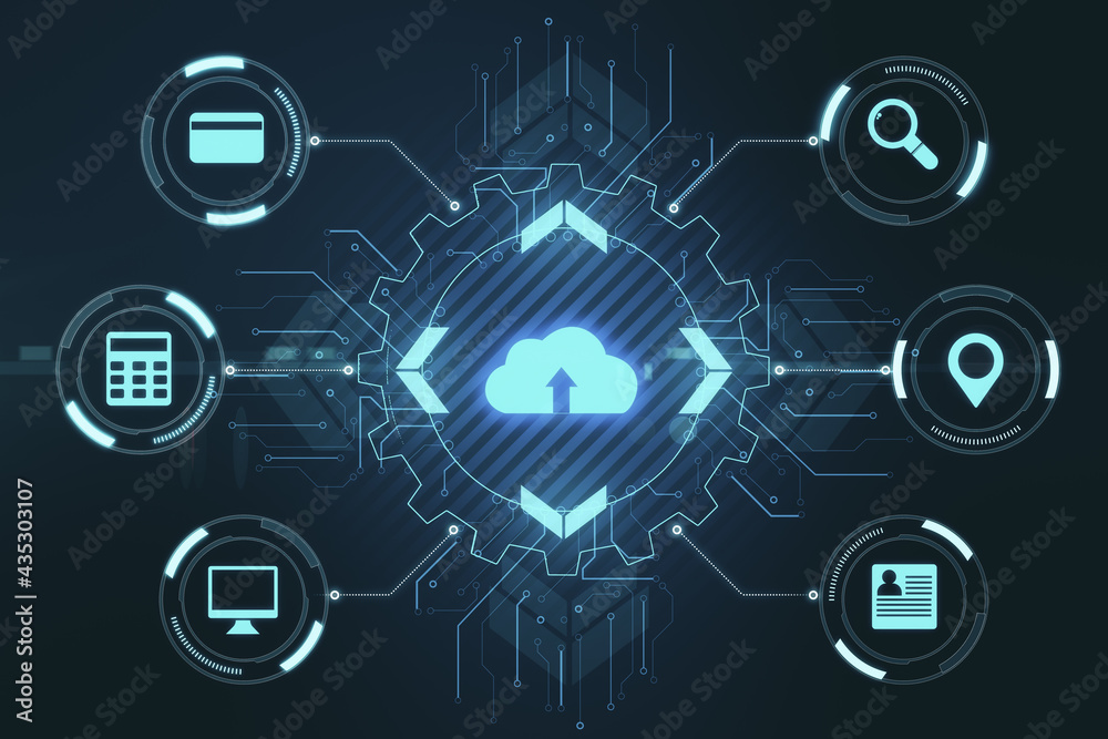 Poster cloud computing service concept with digital cloud icon among technological social symbols on dark b