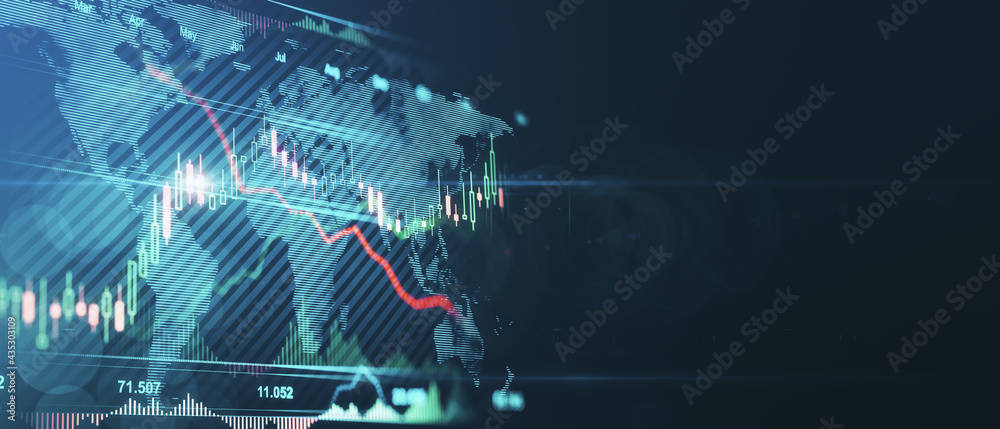 Poster Global trade market concept with glowing digital worl map and financial chart graphs on abstract dark technological background with space for your text. 3D rendering, mock up