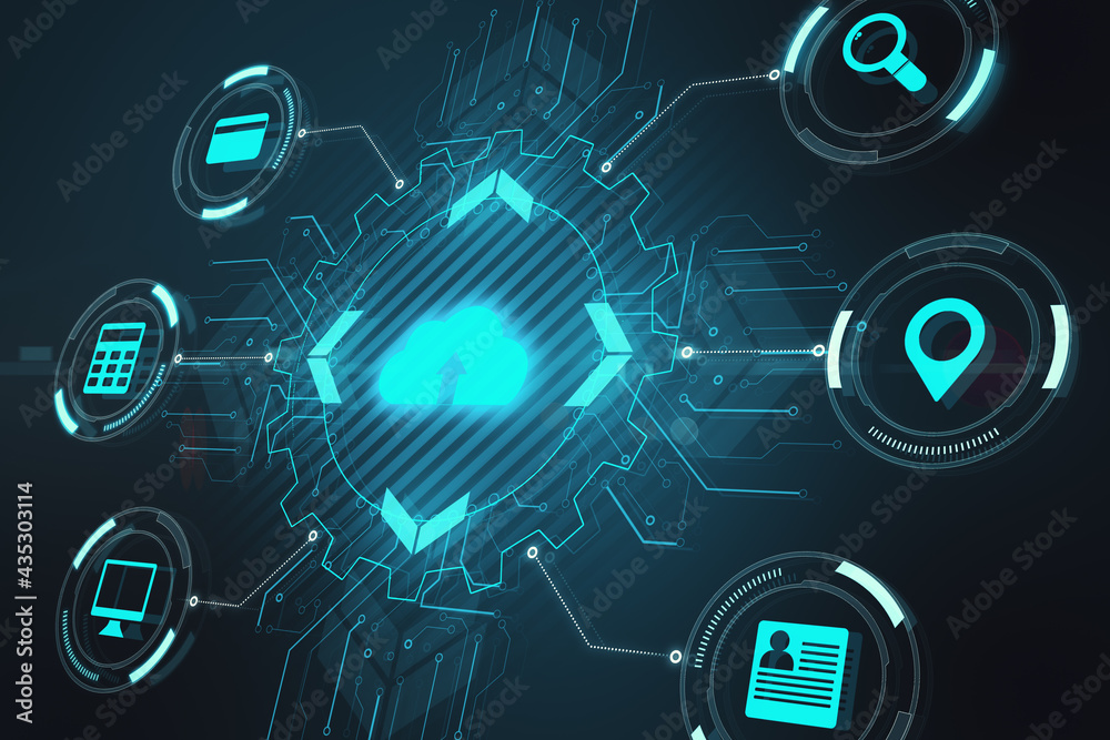 Poster Cloud icon hologram with multiple small icons around on a dark background. Data storage and safety concept, 3d rendering