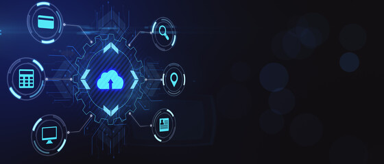 Blank dark backdrop with copyspace and digital blue cloud sign among modern internet service symbols. 3D rendering, mock up