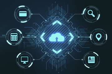 Cloud computing service concept with digital cloud icon among technological social symbols on dark background