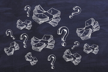 Money earning question concept with handwritten wads of money and question marks on blackboard background.