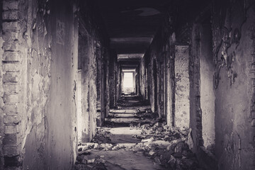 Fototapeta na wymiar Black and White Old Soviet Abandoned Building Ukraine