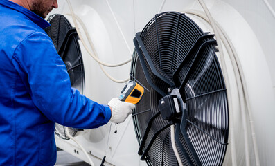 Technician uses a thermal imaging infrared thermometer to check the condensing unit heat exchanger.