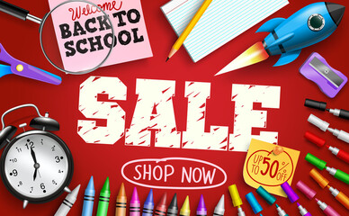 Back to school sale vector banner design. Welcome back to school sale up to 50% off text with student study supplies elements for educational discount promo advertisement. Vector illustration
