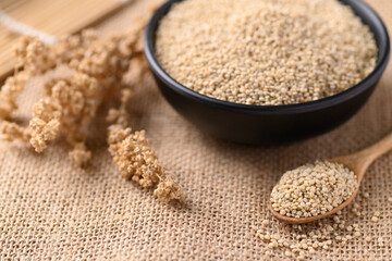 Brown quinoa seeds in a bowl and spoon, Edible seeds are high protein, Healthy food