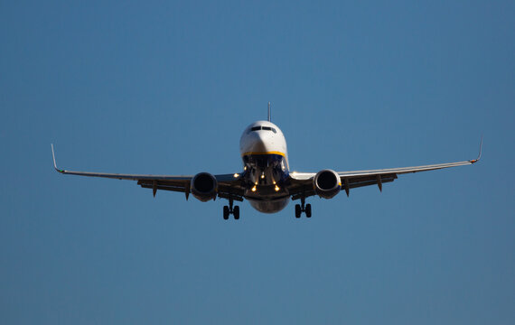 BARCELONA, EL PRAT, SPAIN - JANUARY 26, 2020: Image of passenger aircraft of company Ryanair during landing