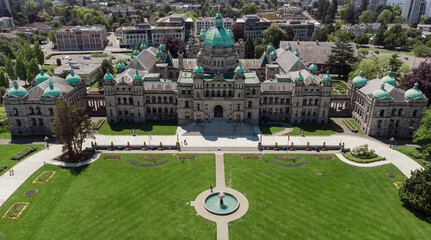 Parliament Buildings home to the Legislative Assembly of British Columbia in the city of Victoria on Vancouver Island in British Columbia in Canada from above