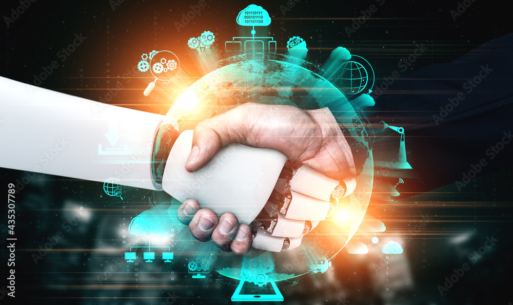 Poster 3d rendering humanoid robot handshake to collaborate future technology development by ai thinking br