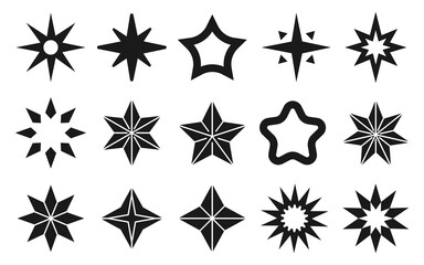 Decorating a childrens room, dishes, bed linen. Bright star stickers. Black silhouette flat vector stars isolated on white background. Various decorative forms and elements.Simple glyph