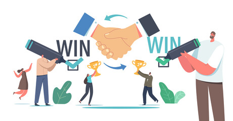 Win Win Strategy Solution. Business Partners Characters Agreement, Partnership, Deal. Businesspeople with Gold Cups