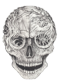 Surreal Skull tattoo. Hand drawing on paper.