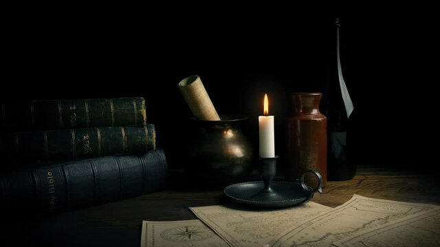 1700s Scene Of Table With Candle, Books And Maps