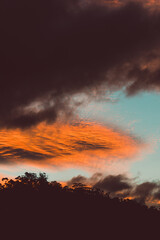 beautiful intense sunset sky with pink and golden tones over the mountains and eucalyptus gum trees