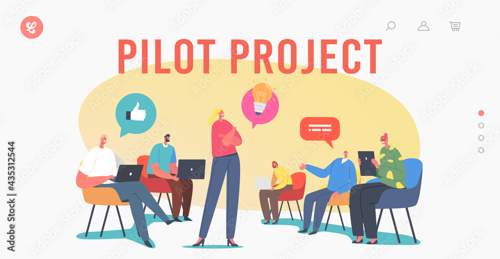 Poster pilot project landing page template. business characters focus group work together developing creati