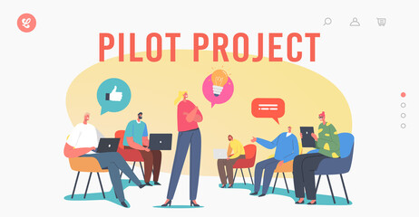 Pilot Project Landing Page Template. Business Characters Focus Group Work Together Developing Creative Ideas, Teamwork - obrazy, fototapety, plakaty