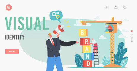 Visual Identity Landing Page Template. Businesspeople Characters Work on Crane Build Tower of Cubes. Marketing and Promo