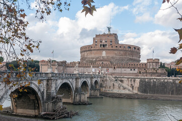 View of Sant Angelo bridge and castle from the other side of the river Tiber
