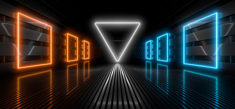 Sci Fy neon lamps in a dark hall. Reflections on the floor and walls. 3d rendering image.