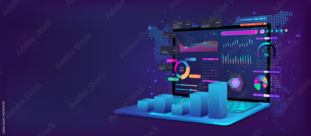Aufkleber Business analysis and analytics online through the application on a laptop. Dashboard app with business analytics data, charts,  investment, trade and finance management. Vector illustration 