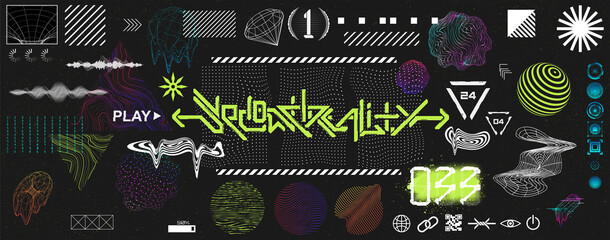 Universal geometric shapes, spheres and glitch, digital elements. Retrofuturistic collection memphis, concept cyberpunk and vaporwave. Abstract shapes for web design, poster, banner, flyers. Vector