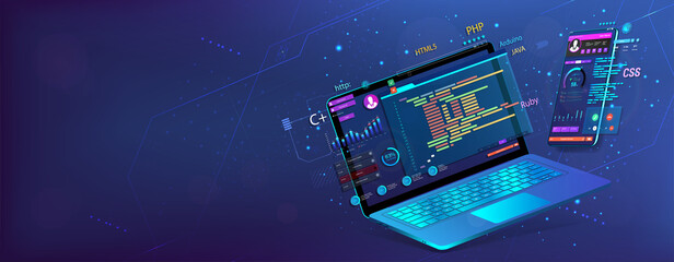 Banner Software UI and development for different devices. Dashboard app with graphics, testing platform, analysis data, coding and usability process. Software development and programming. Vector - obrazy, fototapety, plakaty