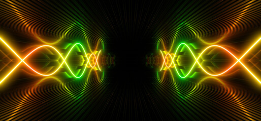 Sci Fy neon lamps in a dark hall. Reflections on the floor and walls. 3d rendering image.