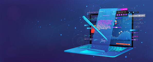 Conclusion of a transaction online with a digital signature. Remote business concept. Electronic signature and high level of security. Notebook and images of a contract hologram for signature. Vector