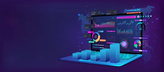 Foto op Plexiglas Bedrijfsanalyse en analyse online via de applicatie op een laptop. Dashboard-app met bedrijfsanalysegegevens, grafieken, investerings-, handels- en financieel beheer. vector illustratie © SergeyBitos