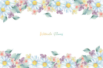 いろいろな淡い色の花のフレーム Watercolor floral frame composition with daisy flower, plumeria, violet and green leaves.